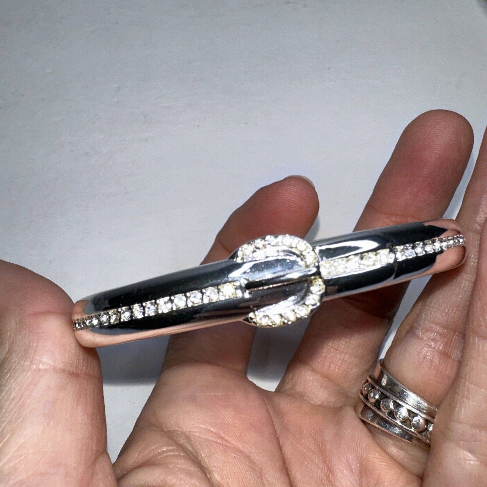 Nrt Silver Tone Bangle Bracelet Hinged Rhinestones Buckle Detail Clamper